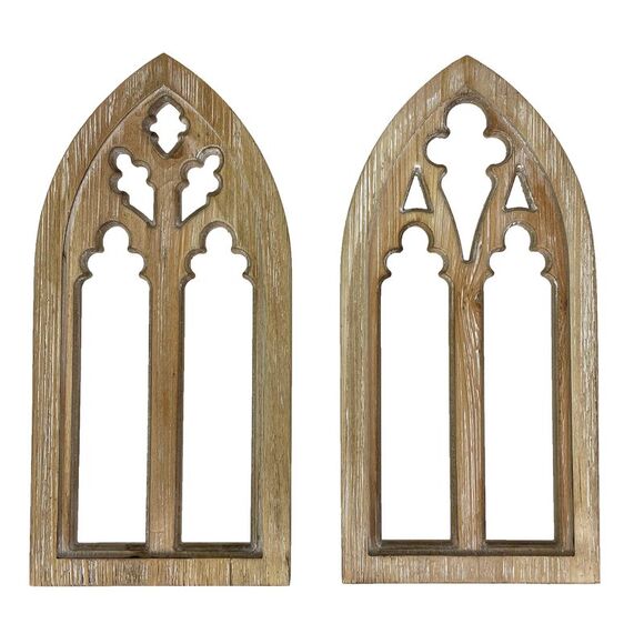Whitewashed Wood Gothic Arch Window Frame Wall Decor 2 Piece Set - Picture 1 of 9